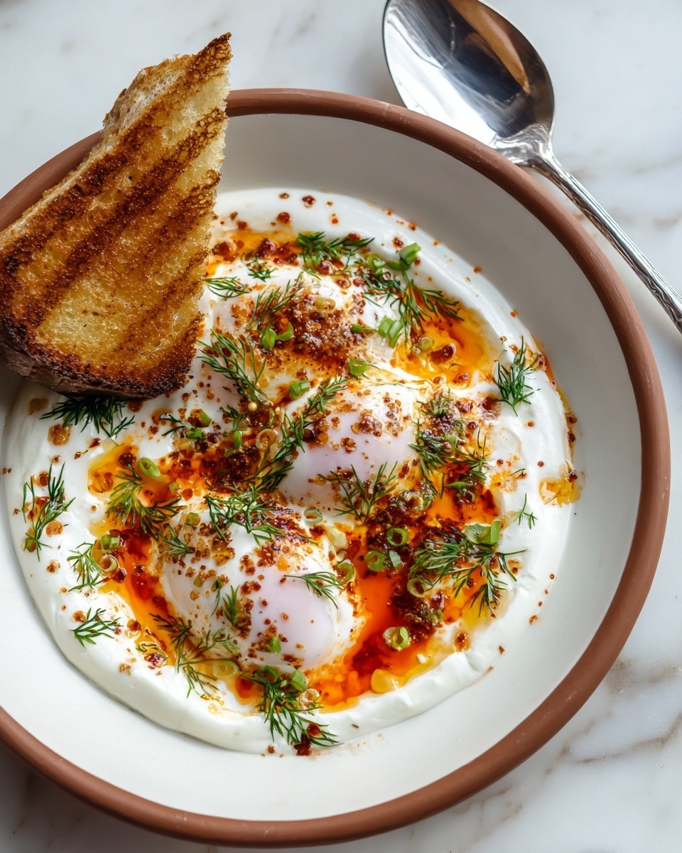 The dish features a white plate with a brown rim holding a creamy white yogurt base spread thickly across the bottom. On top, two soft poached eggs with pale pink and white tones rest in the center. Bright orange chili oil is drizzled around and over the eggs, mixing with specks of black pepper and spices, creating a marbled effect. Fresh green dill sprigs and finely chopped chives are scattered over the eggs and yogurt for color contrast. A triangular piece of toasted golden brown bread is placed leaning on the edge of the plate. Beside the plate, a shiny silver spoon catches the light. The setting is on a white marbled surface. Photo taken with an iphone --ar 4:5 --v 7