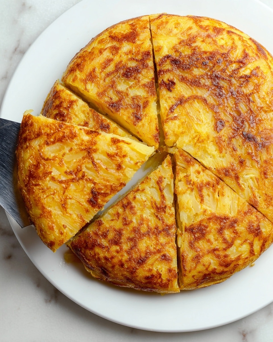 A round potato and egg tortilla cut into six triangular slices on a white plate, showing a golden brown top with a textured surface made of cooked grated potatoes and eggs. The tortilla is thick with a slightly crispy, browned outer layer and a softer, light yellow inside. One slice is being lifted with a shiny silver spatula from the bottom left corner of the plate, all set on a white marbled surface. Photo taken with an iphone --ar 4:5 --v 7