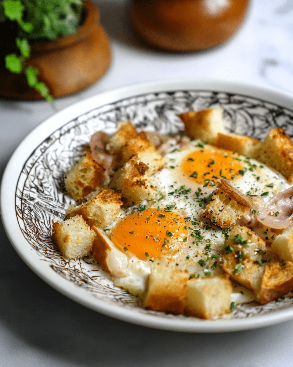 A white plate with a detailed black, gold, and beige pattern on the rim holds a breakfast dish made of two sunny-side-up eggs with bright orange yolks, topped with small chopped green herbs and black pepper. Around the eggs, there are multiple pieces of golden toasted bread cubes and small chunks of pinkish ham, all mixed together in a layer of melted cheese that looks creamy and slightly browned. A silver fork lies on the right side of the plate, resting on the edge. The plate sits on a white marbled surface with a few green leaves in the background. Photo taken with an iphone --ar 4:5 --v 7