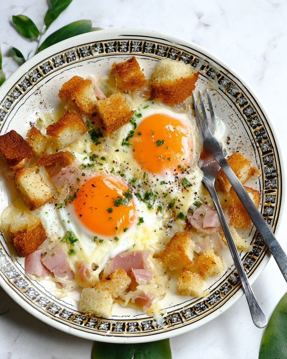 A white plate with a black and brown pattern around the edge holds two sunny-side-up eggs with bright orange yolks sprinkled with green herbs and black pepper in the center. Surrounding the eggs are light golden toasted bread cubes with a crunchy texture and some pieces of pale, tender meat mixed in. The dish rests on a white marbled surface, with a blurred green plant and wooden container in the background. photo taken with an iphone --ar 4:5 --v 7