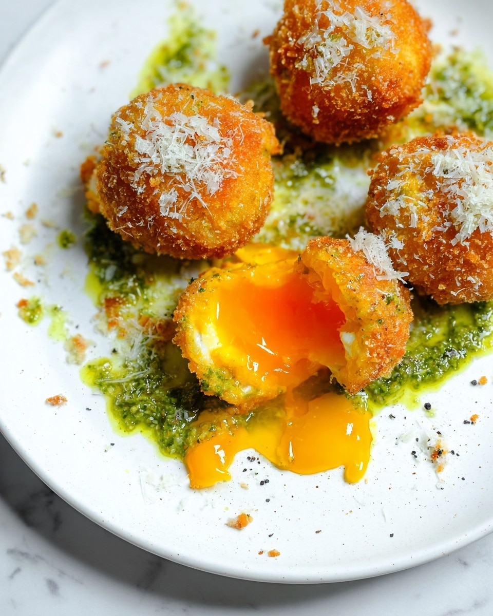 The image shows four small, round, golden-brown breaded and fried balls arranged on a white plate. One of the balls is cut open in the center, showing a bright orange, runny yolk dripping out onto a green pesto-like sauce spread beneath them. The green sauce is chunky and textured with small herb pieces. The balls are topped with a light sprinkle of grated white cheese and black pepper, scattered across the surface. The white plate has a few sauce smudges and crumbs around the balls, all set on a white marbled surface. photo taken with an iphone --ar 4:5 --v 7
