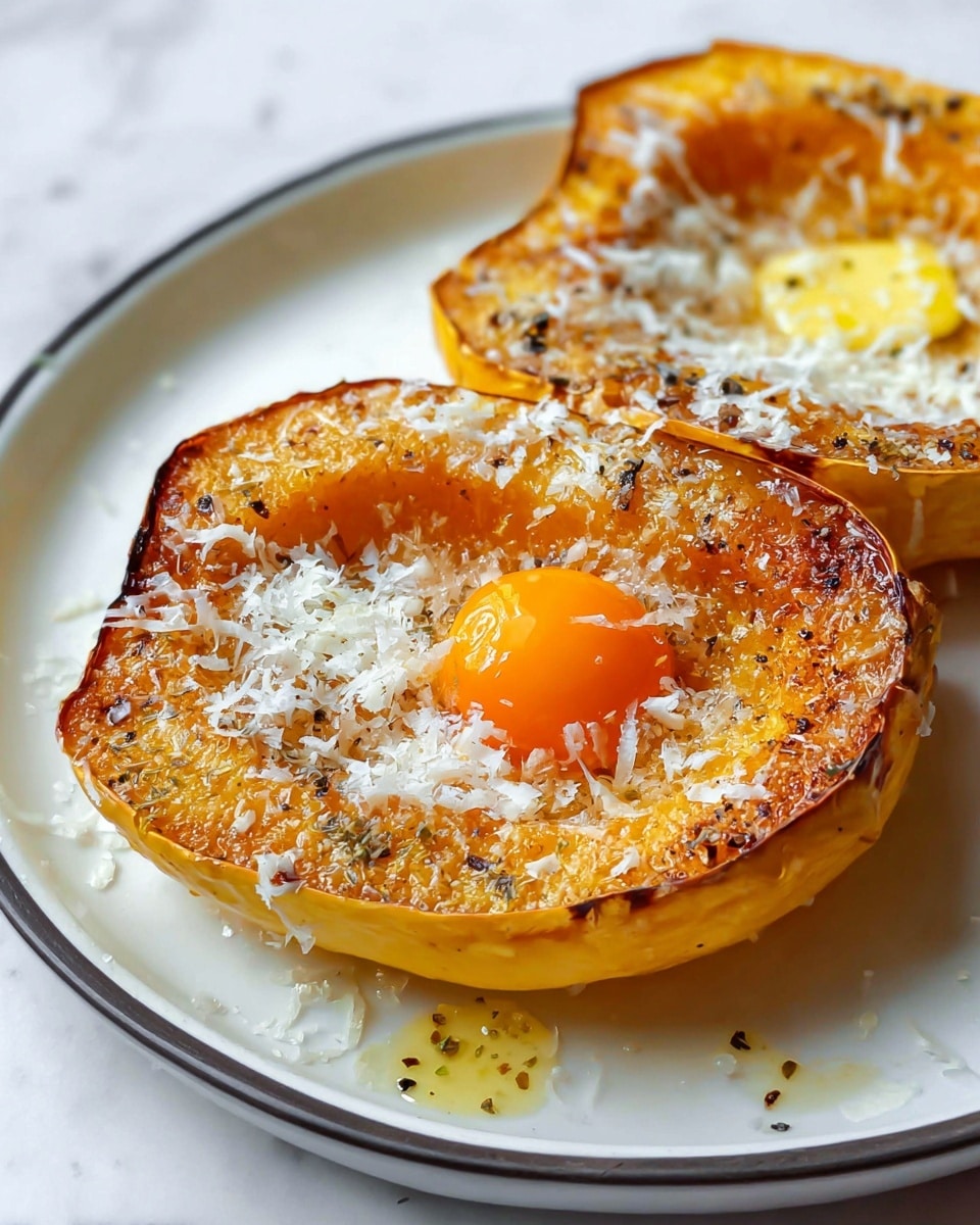 The image shows two cooked slices of a pale yellow vegetable, likely squash, served on a white plate with a thin dark rim, placed on a white marbled background. Each slice has a slightly browned and crispy edge, indicating they were roasted or grilled. On the front slice, a single bright orange egg yolk sits perfectly on top, surrounded by grated white cheese sprinkled evenly across the slice and yolk, with some black pepper flakes scattered on top. The texture of the squash appears soft and slightly glossy, with small pools of liquid around it. The second slice is partially visible in the background, topped with more grated cheese and a small piece of yellow butter melting on it. photo taken with an iphone --ar 4:5 --v 7