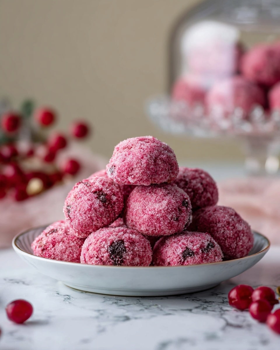 A white plate holds a neat pile of small, round pink cookies coated with granulated sugar, giving them a sparkling texture. Each cookie shows a slightly rough, crumbly surface with small dark inclusions, likely bits of fruit or chocolate, adding contrast to the vibrant pink color. The cookies are stacked in a pyramid shape in the center of the plate. The setting has a soft focus background with more cookies visible behind a glass dome and some red berries scattered in the foreground on a white marbled surface. photo taken with an iphone --ar 4:5 --v 7