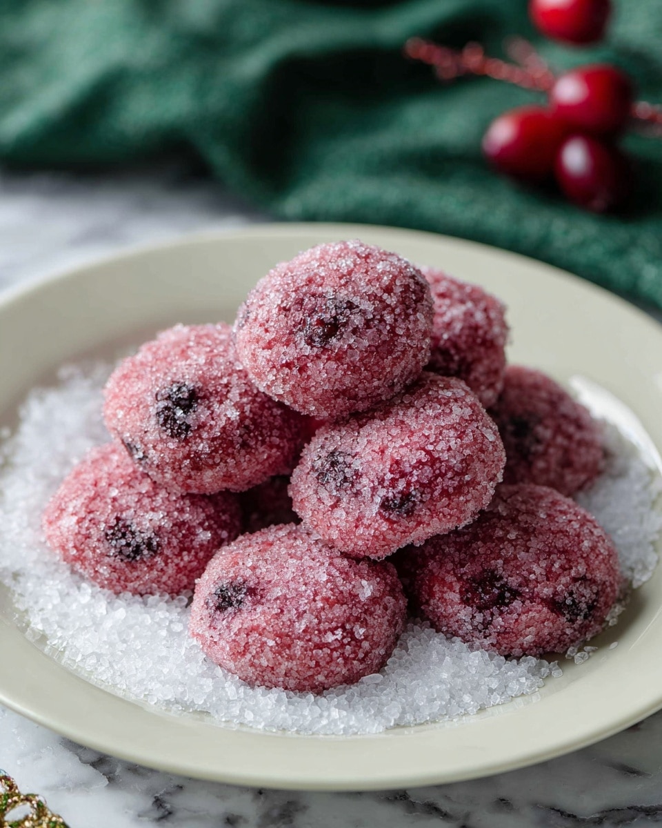 A white plate holds a pile of about ten round, pinkish-red cookies coated thickly with coarse sugar crystals, giving them a sparkling, icy look. The cookies have a rough texture with small dark spots, likely from berries or chocolate chips inside. The pile rests on a layer of large white sugar crystals that spread across the plate. The scene is set on a white marbled surface, with a green fabric and two cranberries blurred in the background. photo taken with an iphone --ar 4:5 --v 7
