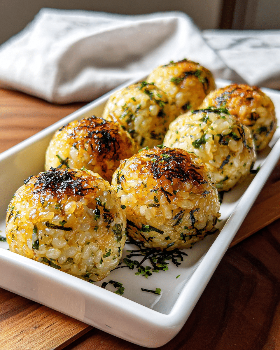 Six round rice balls with a golden-brown crispy outer layer mixed with green herbs and small black seaweed pieces sit neatly inside a white rectangular dish. The rice balls have a textured surface with shiny spots where the light hits, showing a mix of cooked rice grains and green bits of herbs. The dish is placed on a wooden table with a white marbled texture in the background and a folded white cloth slightly out of focus. photo taken with an iphone --ar 4:5 --v 7