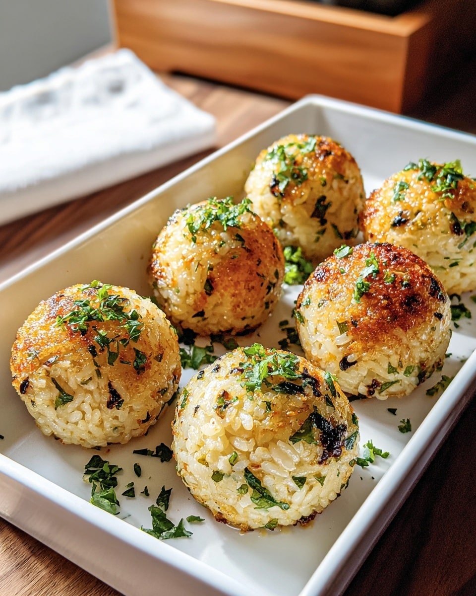 Six golden brown rice balls with a crispy outer layer are neatly arranged in two rows inside a white rectangular dish. Each rice ball is speckled with bright green chopped herbs and dark bits of seaweed, giving them a textured, slightly glistening appearance. The dish is placed on a smooth white marbled surface, and soft natural light highlights the rice’s glistening grains and the fresh green garnish. In the background, a blurred wooden box and a folded white cloth can be seen, adding a warm and clean atmosphere to the image. Photo taken with an iphone --ar 4:5 --v 7