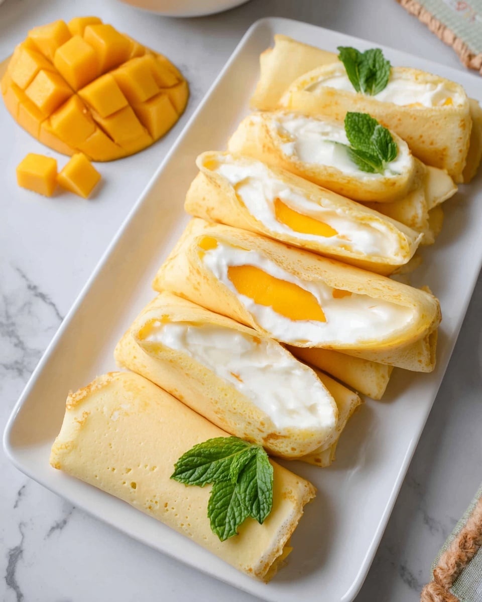 A white rectangular plate holds six rolled crepes filled with bright white cream and topped with a slice of yellow-orange mango inside. The crepes are light golden brown with a soft texture, folded around the filling. One crepe at the front has a green mint leaf on top. To the left, a mango cut into cubes sits on the white marbled surface. The scene is bright and fresh, with soft natural light. Photo taken with an iphone --ar 4:5 --v 7