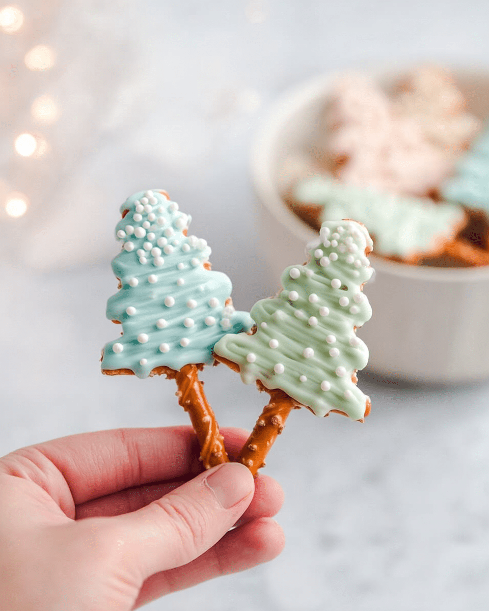 A white bowl holds several Christmas tree-shaped treats made of pretzel sticks and swirled pastel-colored coatings resembling icing. The front tree is pale green with small white round sprinkles evenly placed across its soft, smooth texture, standing upright on three pretzel sticks forming the trunk. Behind it, partially visible, are other trees with similar shapes but coated in light pink, white, and light blue colors, all decorated with the same small white sprinkles. To the left side of the bowl, a small golden reindeer decoration adds a shiny contrast. The bowl is set against a white marbled surface. photo taken with an iphone --ar 4:5 --v 7