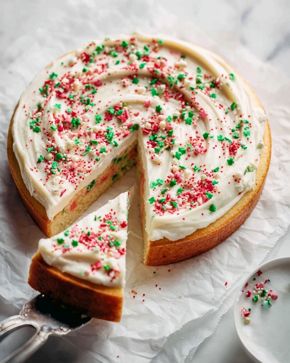 A thick cheesecake with three visible layers sits on a white plate atop a white marbled surface. The bottom layer is a dense, light brown crust, the middle layer is a creamy pale yellow cheesecake with small colorful sprinkles inside, and the top layer is white frosting generously spread and decorated with multicolored festive sprinkles in red, green, pink, and white. One slice has been cut and is slightly lifted, showing the smooth texture of the cheesecake and frosting. Photo taken with an iphone --ar 4:5 --v 7