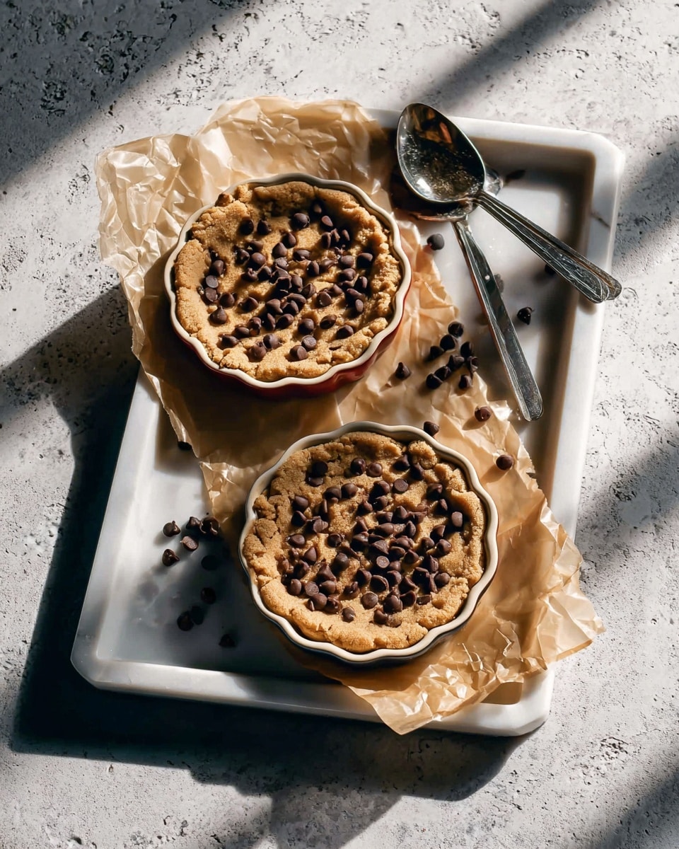 Two round cookie dishes with scalloped edges filled with golden brown baked cookie dough topped with scattered dark chocolate chips, placed on a white marbled textured tray lined with crumpled parchment paper. One dish is sitting directly on the tray, while the other rests on the parchment paper. Extra chocolate chips are scattered around the dishes. Two silver spoons lie above the dishes on the tray. The whole tray is set on a white marbled textured surface with shadows falling across it. photo taken with an iphone --ar 4:5 --v 7