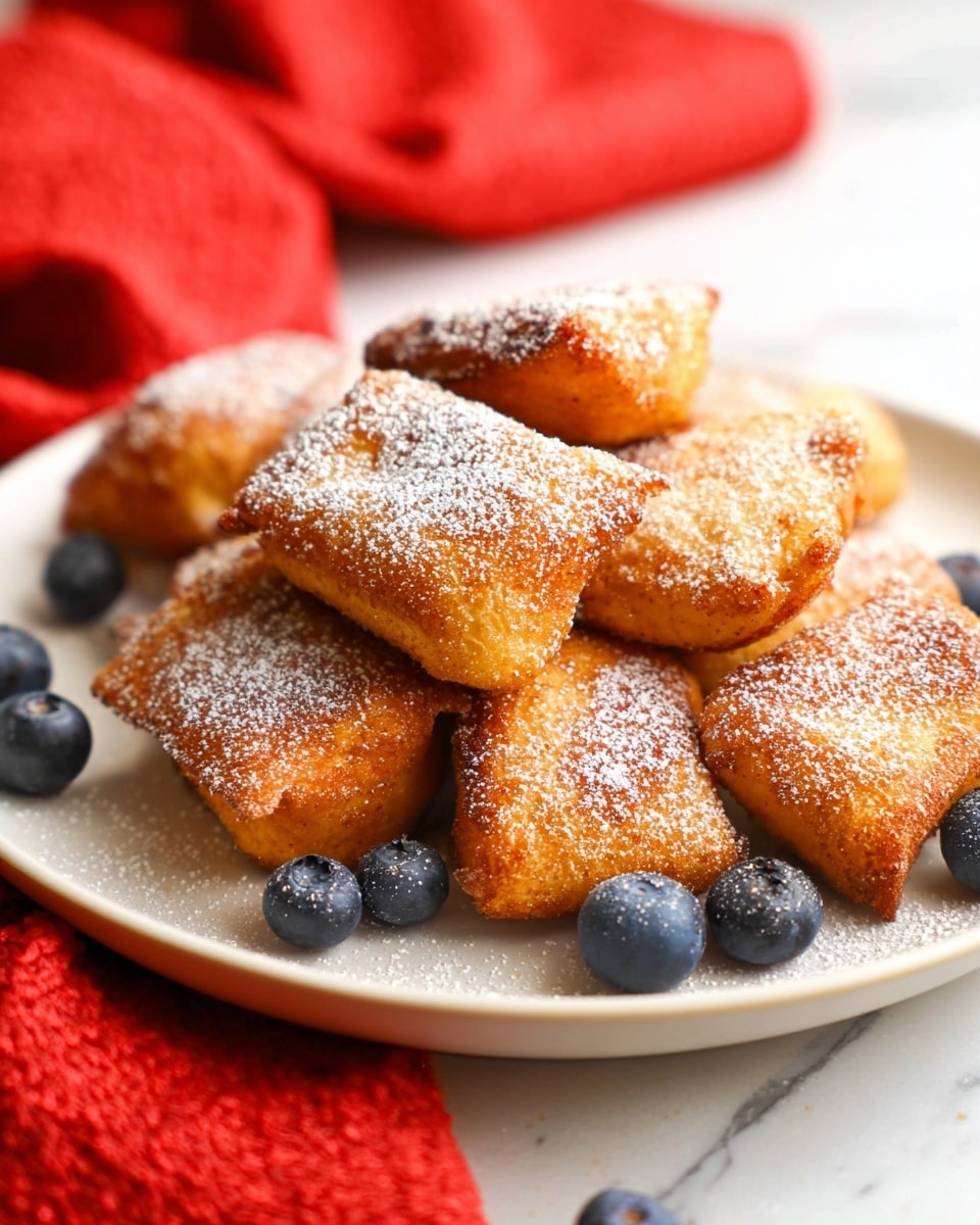 A white plate holds a small pile of golden-brown, square-shaped fried pastries, dusted lightly with powdered sugar giving a soft white layer on top; scattered around the pastries are plump, dark blue blueberries adding color contrast. Behind the plate, a folded red cloth adds a warm background, all placed on a white marbled surface. The pastries have a crispy, textured appearance with slightly uneven edges showing a homemade feel. photo taken with an iphone --ar 4:5 --v 7