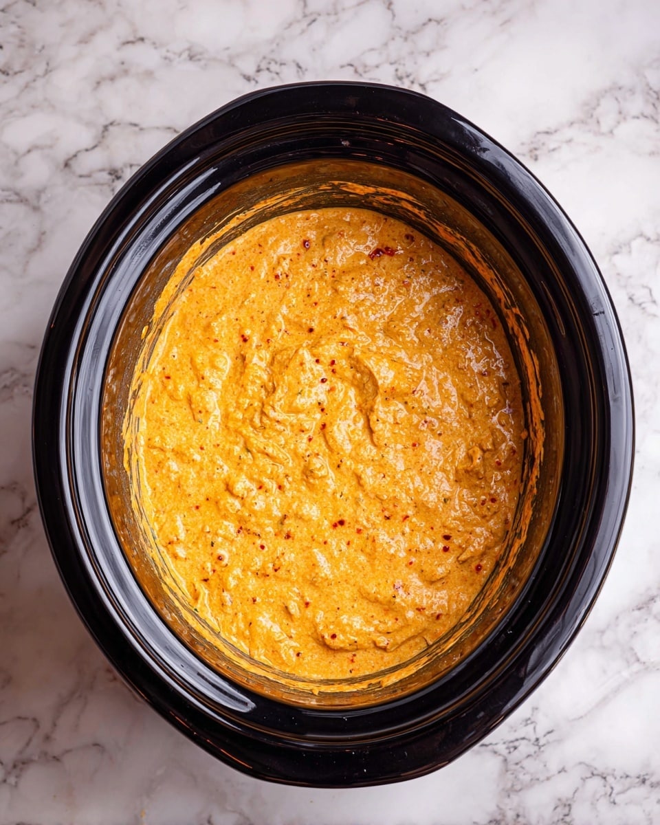 The image shows a black slow cooker filled with a creamy, thick, orange mixture that has a slightly textured surface with some lighter and darker orange spots, likely from melted cheese and spices. The mixture is even and fills the cooker almost to the top, with a few small bubbles and a smooth, almost glossy finish across the surface. The cooker sits on a white marbled surface, which contrasts with the bright orange food inside. photo taken with an iphone --ar 4:5 --v 7
