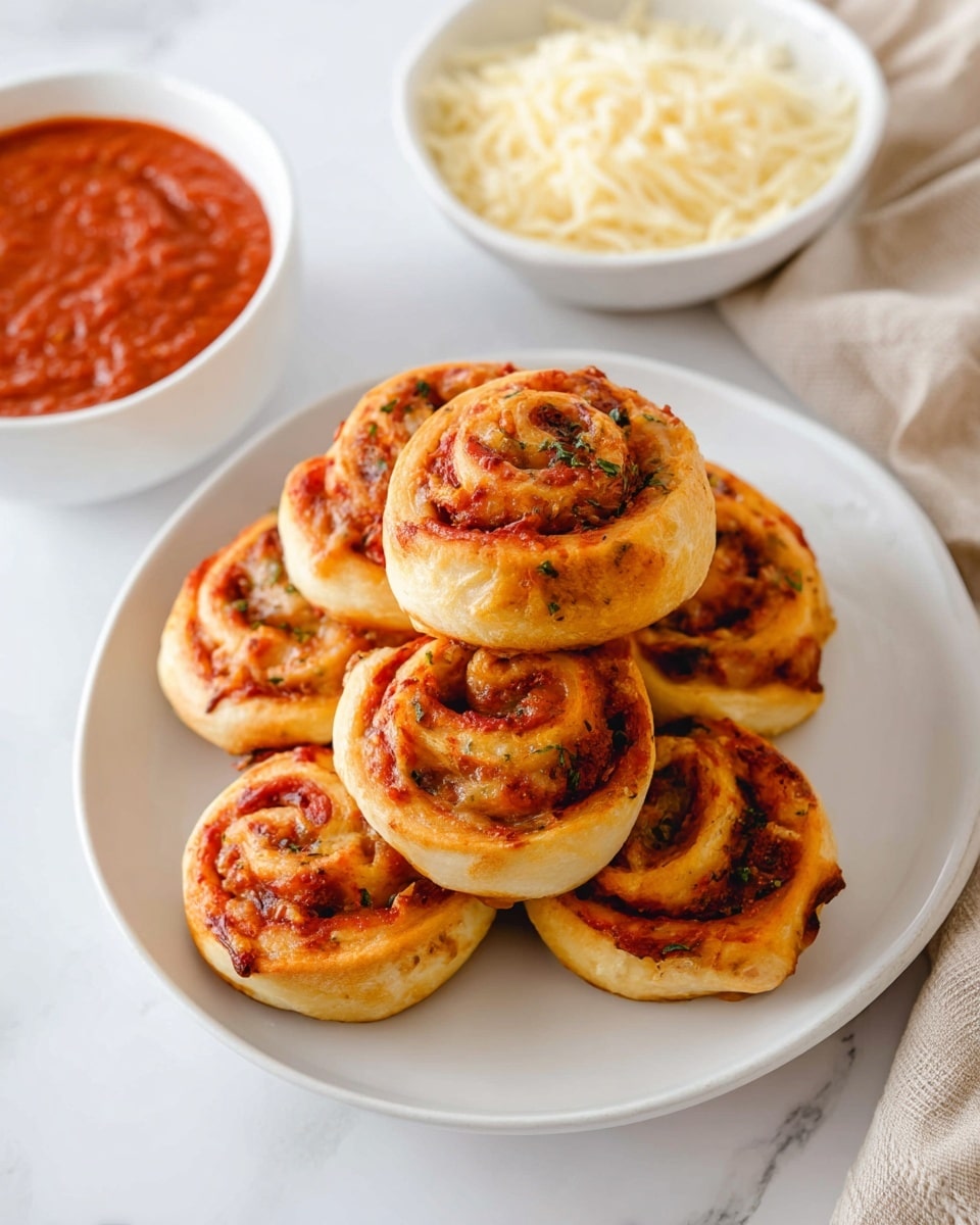 A white round plate holds a stack of golden-brown pizza pinwheels, each with a spiral pattern showing layers of soft dough and a bright red tomato sauce mixed with bits of green herbs inside. The pinwheels are slightly crispy on the edges, with some darker toasted spots. In the background, there is a white bowl filled with smooth, red marinara sauce and a white bowl with shredded pale yellow cheese, both sitting on a white marbled surface with a beige cloth nearby. photo taken with an iphone --ar 4:5 --v 7