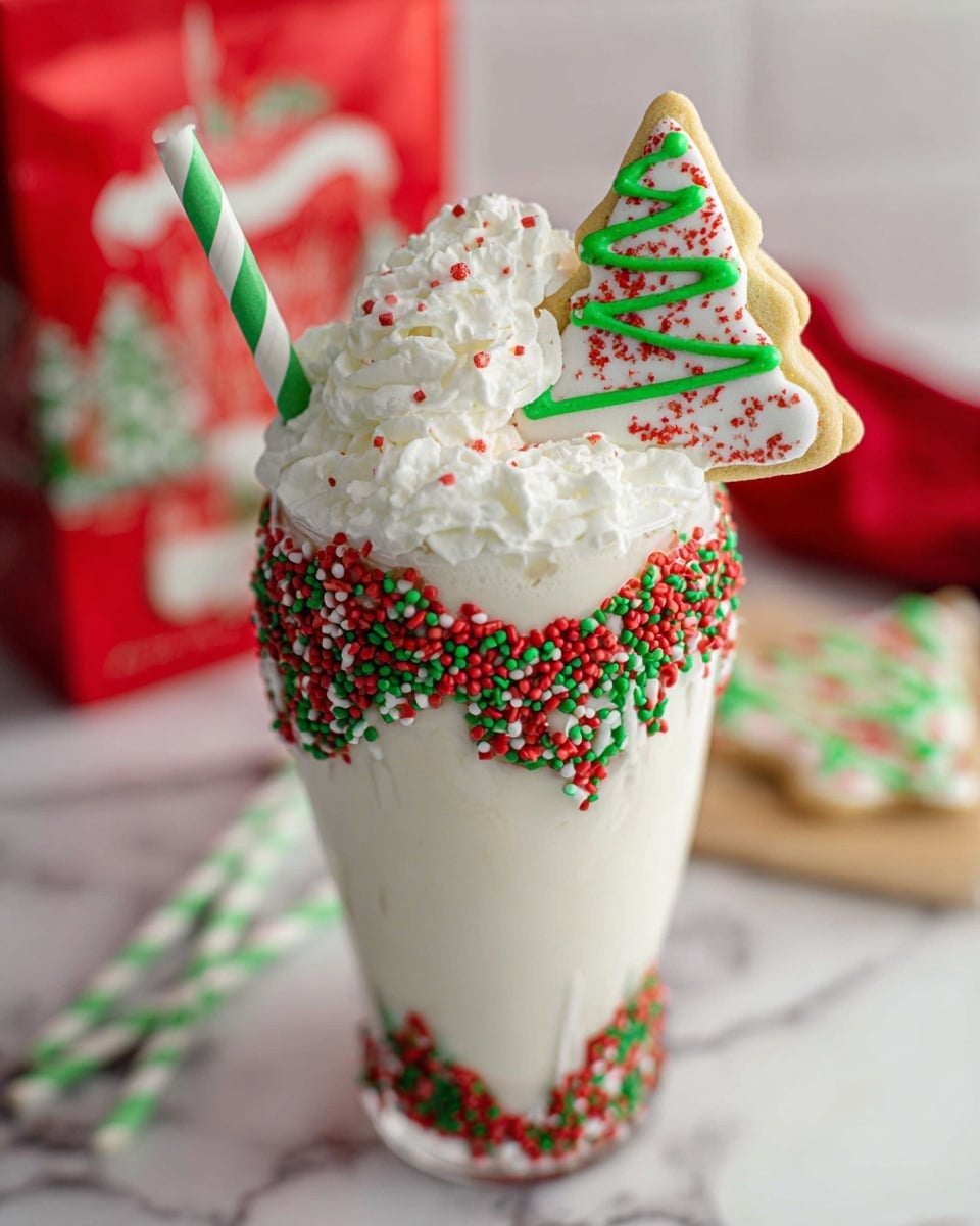 A tall clear glass filled with a creamy white milkshake forms the base, rimmed with red and green round and rod-shaped sprinkles creating a festive border. On top, there is a swirl of white whipped cream sprinkled with small red and green bits. Stuck into the whipped cream is a triangular Christmas tree-shaped cookie covered with white icing, green sprinkles, and red icing zigzags. A green-and-white striped paper straw is placed near the cookie. The glass sits on a white marbled surface, with a blurred red Christmas-themed box in the background. Photo taken with an iphone --ar 4:5 --v 7