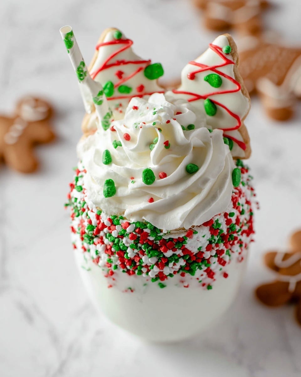 A white glass filled with white milk topped with a thick swirl of white whipped cream. Around the rim of the glass are red and green round and stick sprinkles tightly packed. Two white triangular cookies with green sprinkles and red icing drizzled in a wavy pattern rest pressed into the whipped cream. A small green and white striped paper straw sticks out next to the cookies. The background is a white marbled surface with blurred brown gingerbread shapes. Photo taken with an iphone --ar 4:5 --v 7
