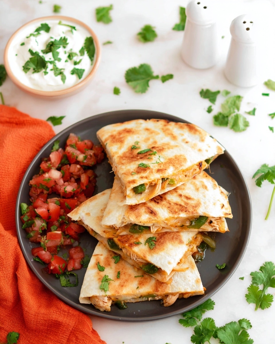 The image shows a white plate with four folded quesadilla pieces, each golden brown and lightly grilled, stacked slightly on top of one another. Inside the quesadilla, visible layers of cooked chicken and green bell peppers create a textured, colorful filling. Bright green cilantro leaves are sprinkled on the quesadillas for garnish. To the left on the plate, there is a pile of fresh, diced tomato salsa with bits of red onion and cilantro mixed in. Next to the plate, on the white marbled surface, sits a white bowl filled with creamy white sour cream sprinkled with chopped cilantro. An orange cloth napkin lies under part of the plate, and scattered coriander leaves decorate the scene along with two white salt and pepper shakers in the top right corner. photo taken with an iphone --ar 4:5 --v 7