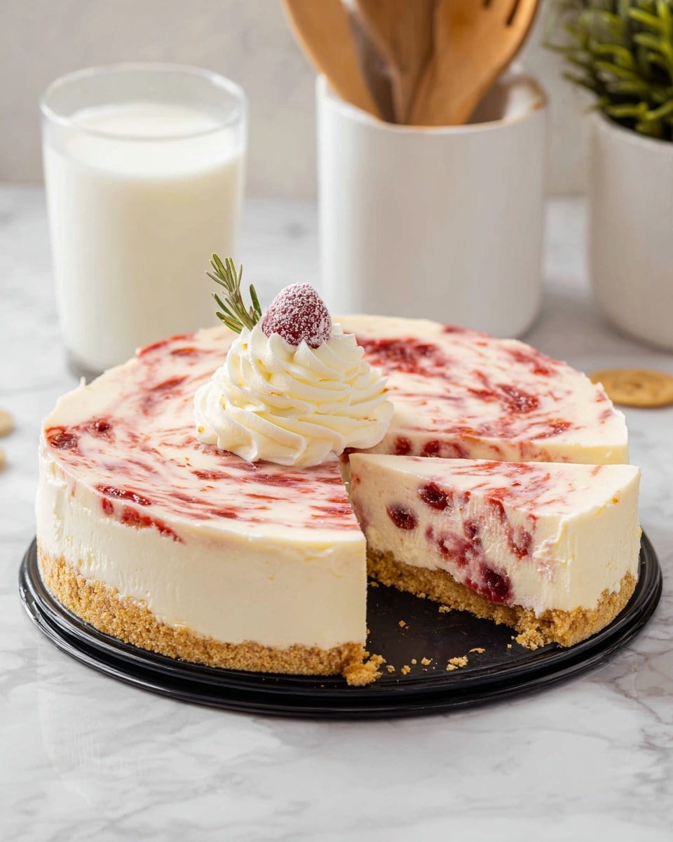 The image shows a round cheesecake with three distinct layers sitting on a white marbled surface. The bottom layer is a crumbly, golden-brown graham cracker crust. Above it is a thick, smooth, creamy white cheesecake layer. The top layer is creamy white with swirls of reddish fruit sauce, giving it a marbled effect. On top in the center, a small swirl of whipped cream is decorated with a single sugared berry and a small green rosemary sprig. The cheesecake is on a black round tray with a slice removed, revealing the clean cut layers. In the background, there is a clear glass cup of milk and white ceramic containers holding wooden utensils and a plant. photo taken with an iphone --ar 4:5 --v 7