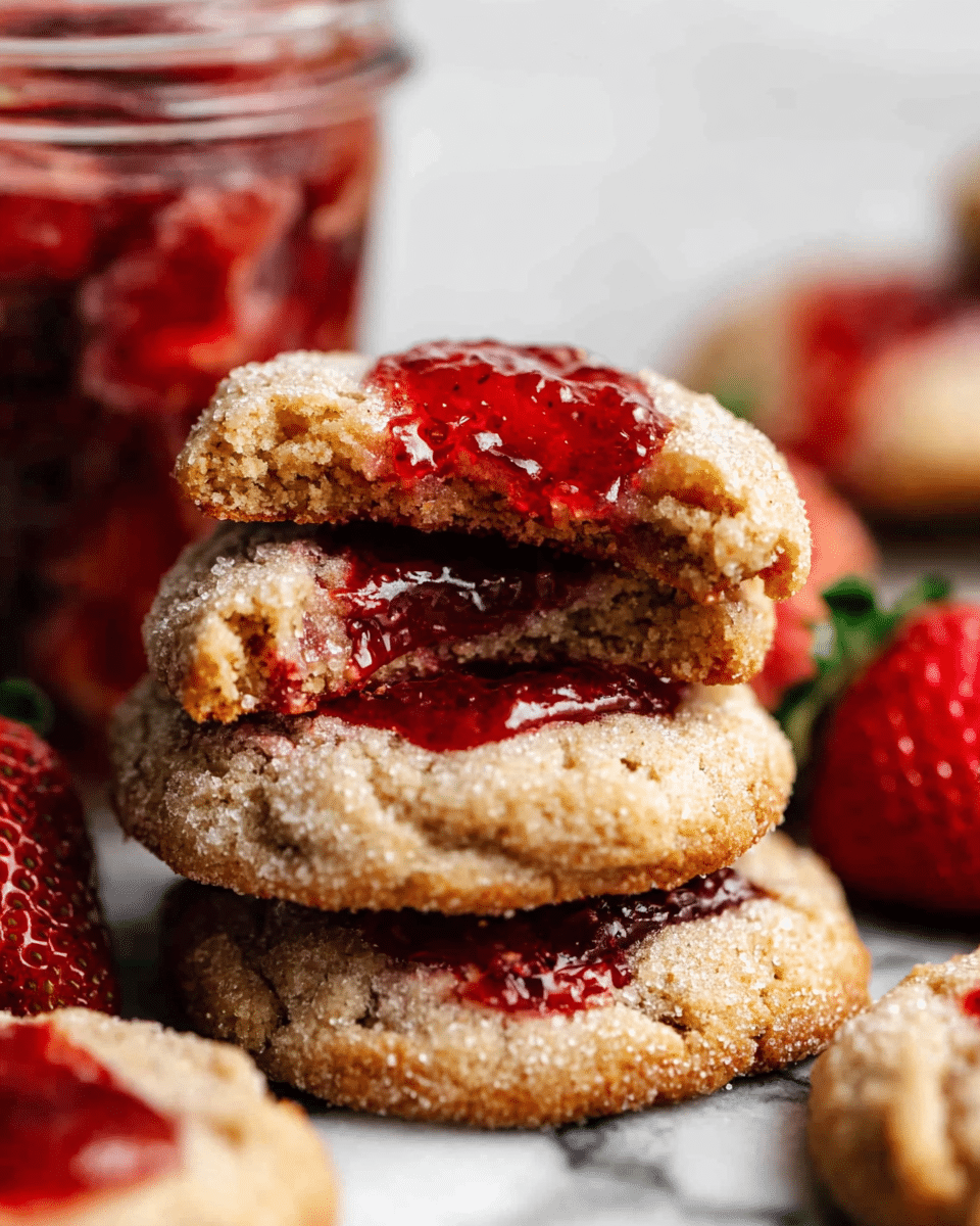 A close-up view of a stack of three soft cookies with a rough, crumbly texture and golden-brown color. Each cookie has a bright red jam dollop in the center, sealed with a sugary, slightly crunchy coating. The top cookie is broken in half, showing a soft, moist inside and some jam oozing out. In the blurry background, there is a glass jar filled with red jam and fresh strawberries on a white marbled surface. photo taken with an iphone --ar 4:5 --v 7