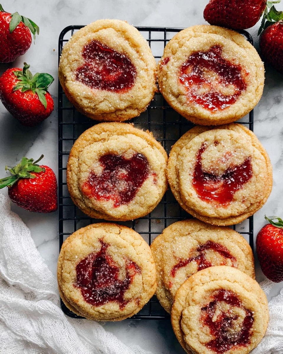 Seven round cookies with golden brown edges and soft, lighter centers showing swirls of bright red strawberry jam are arranged on a black cooling rack. The cookies have a slightly crinkled texture and a light dusting of granulated sugar on top. Around the rack, there are several whole red strawberries with green leaves placed randomly. The whole setup rests on a white marbled surface with a white cloth partially visible underneath the rack. Photo taken with an iphone --ar 4:5 --v 7