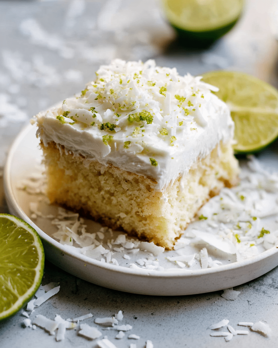 A single square piece of cake is placed on a white round plate with a slightly textured surface. The cake has two layers: the bottom layer is a light yellow, moist, and crumbly cake, while the top layer is a thick, fluffy white frosting with small green lime zest specks sprinkled over it. Around the plate and on a white marbled texture surface, there are scattered white coconut flakes and a halved lime with a bright green rind and light green interior. The scene captures a close-up view, showing texture details clearly. photo taken with an iphone --ar 4:5 --v 7