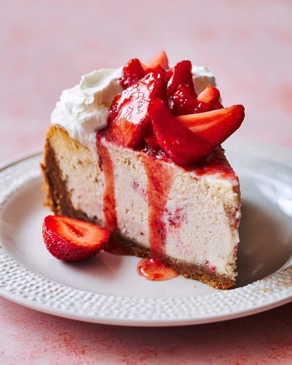 A thick slice of cheesecake rests on a white plate with a textured edge, its bottom layer showing a firm brown crust, above which is a dense, pale creamy cheesecake filling with faint strawberry specks. On top lies a generous white whipped cream layer that looks light and fluffy, crowned with several glossy, bright red strawberry slices, some of which drip vivid red strawberry sauce down the sides. A single strawberry piece sits beside the cake on the plate. The setting has a soft pink surface with subtle crumbs around the plate. photo taken with an iphone --ar 4:5 --v 7