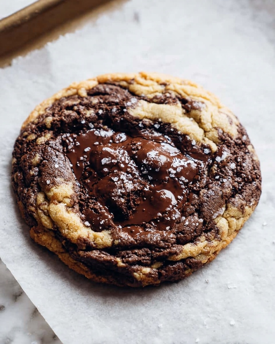 A single large cookie sits on white parchment paper with a white marbled texture underneath, showing a mix of light brown and dark chocolate dough swirled together. The cookie has an uneven, slightly crumbly surface with glossy, melted dark chocolate in the center, and bits of coarse salt scattered on top. The edges are more golden brown, blending into the rich darker chocolate parts in the middle. The whole cookie looks soft and gooey where the chocolate pools, with a textured, cracked surface around it. Photo taken with an iphone --ar 4:5 --v 7