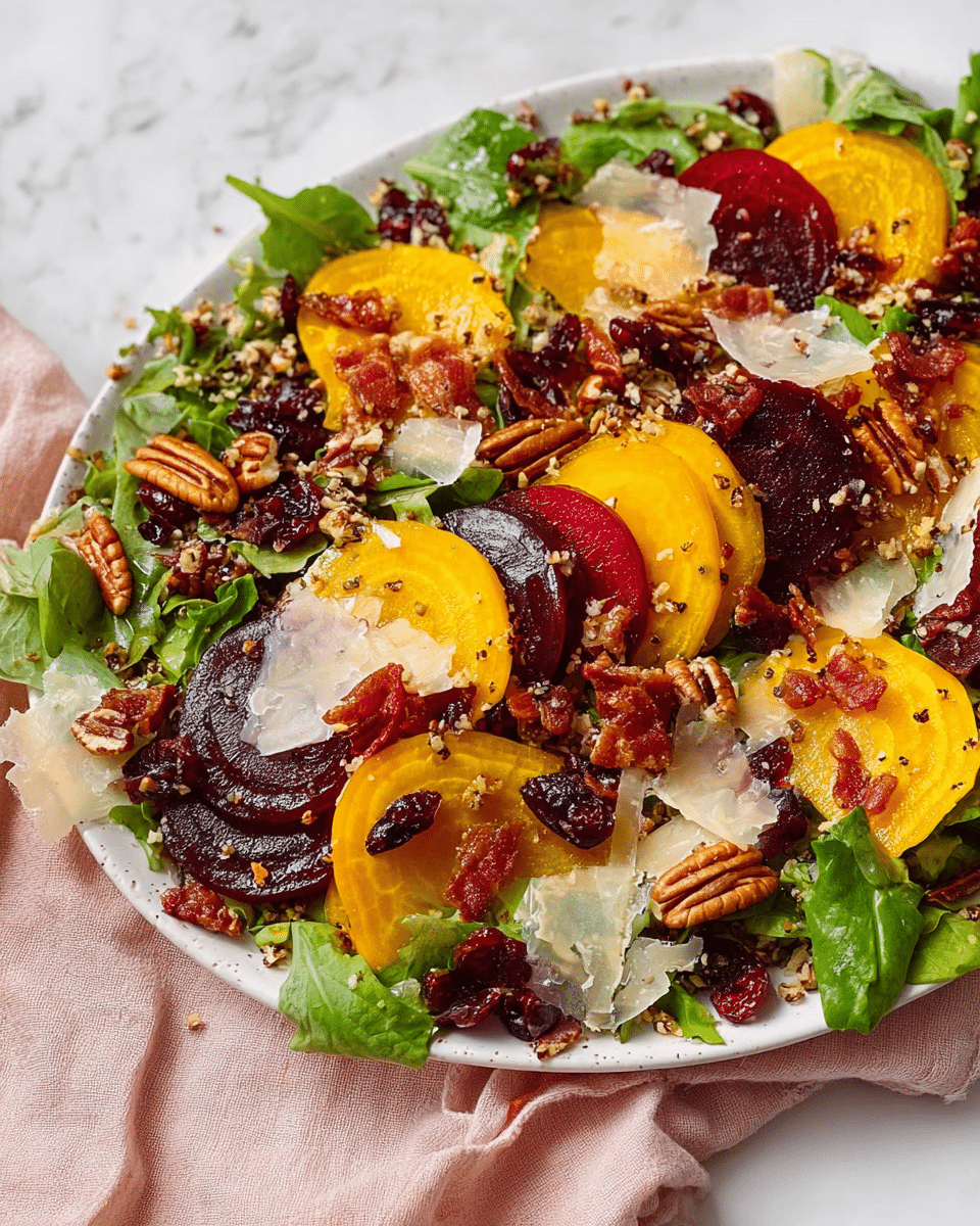 A white plate holds a colorful salad with several layers visible: the bottom layer is fresh green mixed leaves, some dark and light green. On top, there are thin, round slices of yellow and purple beets arranged in small stacks across the plate. Scattered throughout are dark red dried cranberries and shiny reddish brown pieces of crispy bacon or similar. Large flakes of pale white cheese are spread around loosely. The top layer includes small brown pecans and some crunchy grains, all mixed together, creating a texture-rich, vibrant look. The plate sits on a light pink cloth on a white marbled surface. photo taken with an iphone --ar 4:5 --v 7