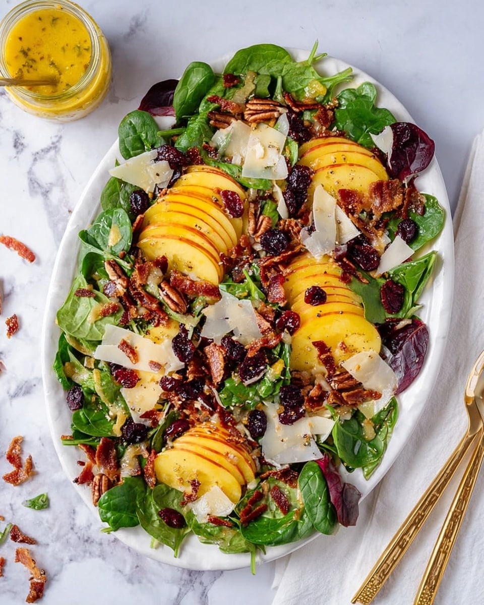 This dish is a colorful salad arranged on a white oval plate placed on a white marbled surface. The base layer consists of fresh green leafy vegetables including spinach and leafy greens spread across the plate. On top of the greens are sliced golden-yellow roasted or grilled pear pieces arranged in small, neat stacks. Scattered abundantly over the salad are dark dried cranberries and crunchy pecan nut pieces, adding texture and color contrast. Thin, irregularly shaped white cheese shavings are spread evenly, mingling with crispy reddish-brown bacon bits layered around the pears and greens. A pair of white and gold tongs rest on the right side of the plate. Nearby, a small glass jar filled with yellow dressing adds a final touch to this fresh and vibrant salad. Photo taken with an iphone --ar 4:5 --v 7