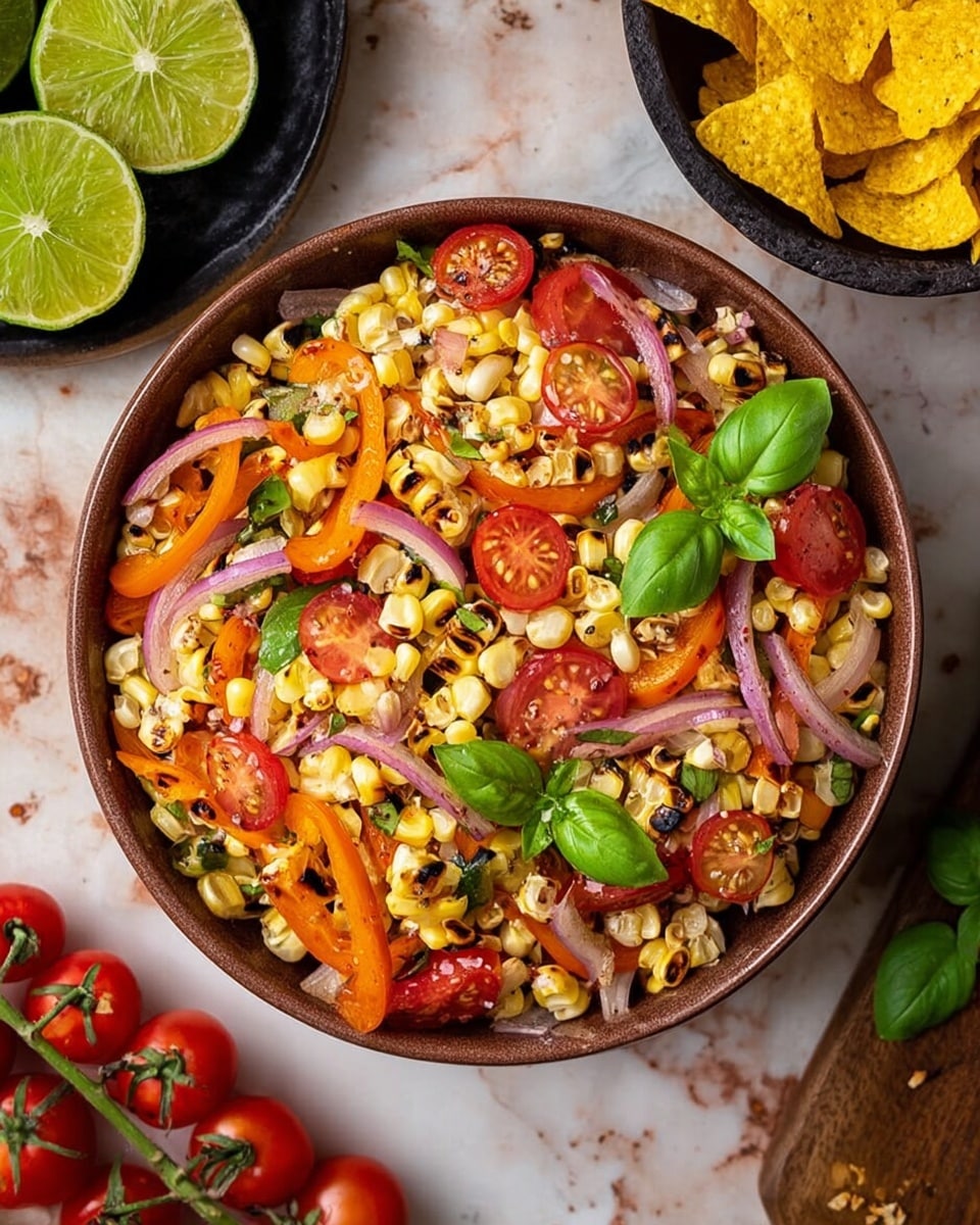 A bowl filled with a colorful salad showing layers of grilled corn kernels with char marks scattered throughout, sliced cherry tomatoes in bright red, thin rings of orange bell peppers, and thin slivers of red onion mixed evenly. Small green basil leaves are placed on top and within the salad, adding vibrant green color. The salad has a fresh and mixed texture with a mix of crunchy and soft, presented in a brown bowl placed on a white marbled surface. The scene also includes halved limes, a cluster of cherry tomatoes on the vine, and a dark-colored bowl of yellow corn chips in the background. Photo taken with an iphone --ar 4:5 --v 7