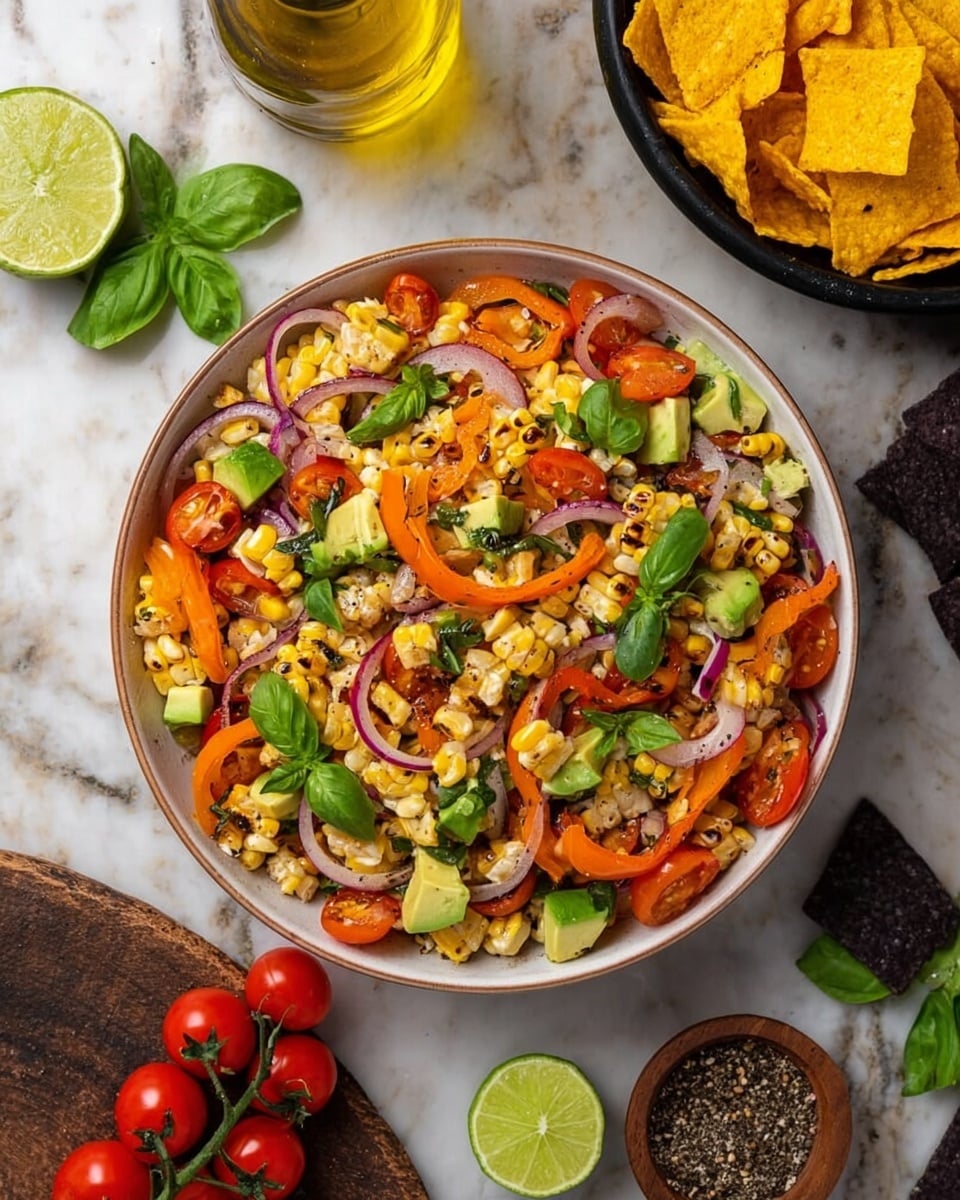 The image shows a white bowl filled with a colorful salad made of grilled corn kernels, slices of orange bell pepper, halved cherry tomatoes, diced avocado, thin slices of red onion, and fresh green basil leaves mixed evenly throughout. The grilled corn has a slight charred look, adding texture and darker spots to the bright yellow kernels. The orange bell pepper rings and red onion slices create layers that stand out with their vibrant colors. The salad is placed on a white marbled surface surrounded by a halved lime, a small bowl of crushed black pepper, a bottle of olive oil, a bunch of cherry tomatoes on the vine, and a black bowl containing yellow corn chips. photo taken with an iphone --ar 4:5 --v 7