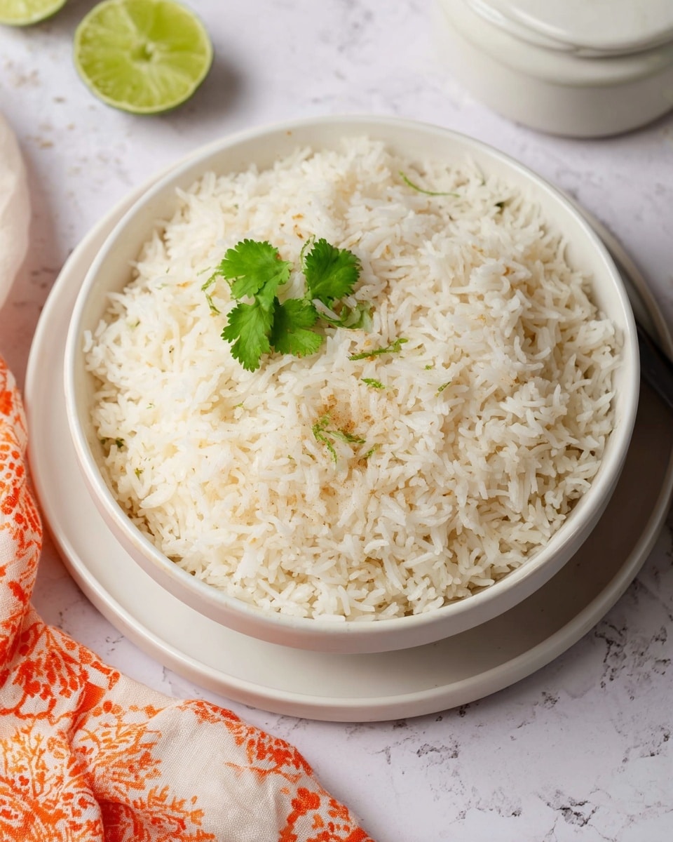 A bowl filled with fluffy white rice that has a soft and slightly grainy texture, with a few light golden brown specks from cooking scattered gently across the surface. Two fresh green cilantro leaves rest in the center on top of the rice, adding a pop of color. This bowl is white, sitting on a matching white plate, placed on a white marbled textured surface. On the side, there is a folded orange and white patterned cloth partially shown and part of a cut lime at the corner of the frame, with a round white lidded container in the background. photo taken with an iphone --ar 4:5 --v 7