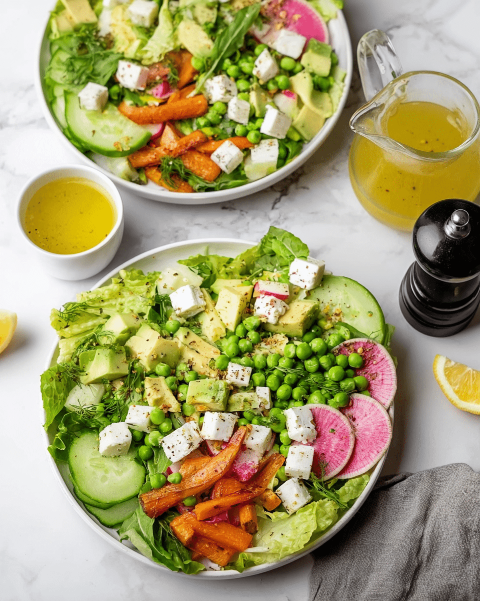 Two white plates filled with fresh salad are set on a white marbled surface. The front plate shows a mix of green lettuce leaves as the base layer, topped with bright green peas, pale green avocado chunks, crisp cucumber slices, thin red radish slices, white cubes of feta cheese, and a few vibrant orange and red roasted carrot curls. The back plate is similarly layered with mixed green leaves, peas, diced avocado, feta cubes, radish slices, and carrot curls, all sprinkled lightly with herbs and seasoning. A small glass jug of yellow dressing and a black pepper grinder sit nearby, with a lemon wedge partially visible on the bottom right corner. photo taken with an iphone --ar 4:5 --v 7