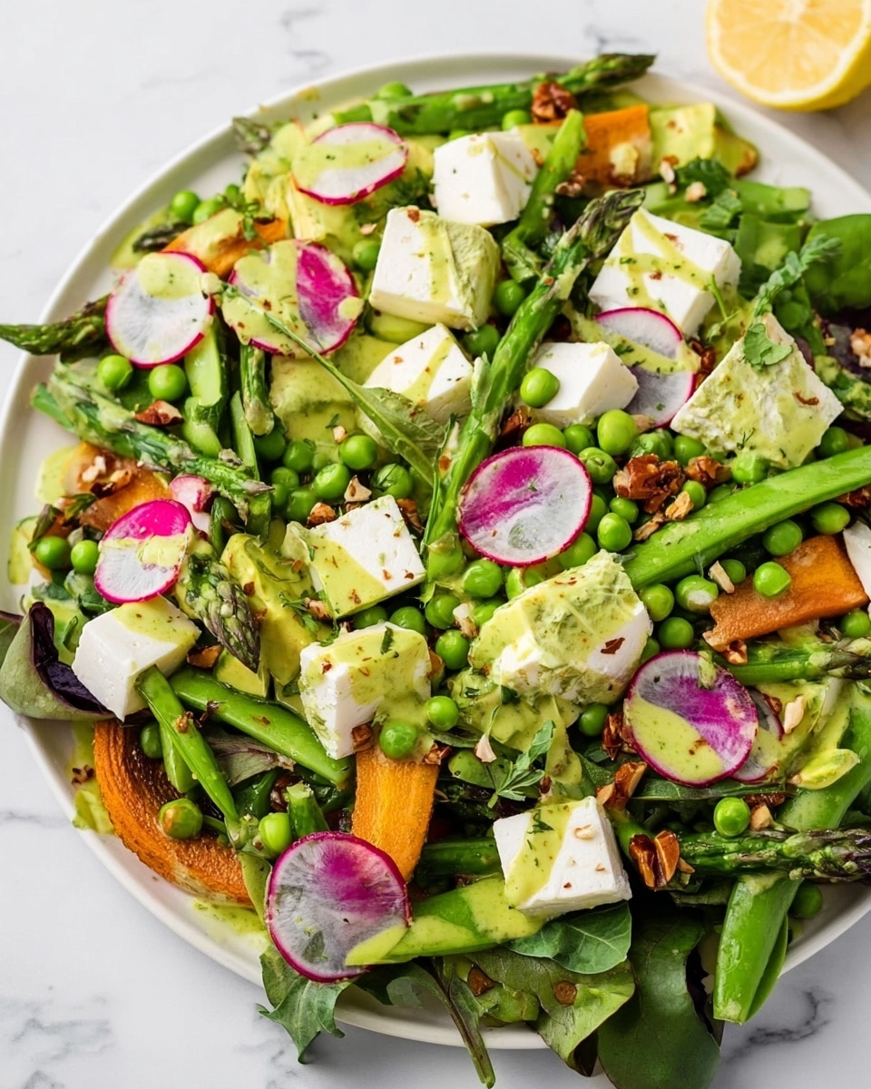 A fresh salad is arranged in a white plate set on a white marbled surface, showing multiple colorful layers. The bottom layer has dark green leafy greens and snap peas, over which bright green peas and small green asparagus pieces are spread evenly. Scattered throughout are thick white cubes of soft cheese and small toasted brown nuts. Thin slices of bright purple and orange carrot curls add pops of color on the side. Radish slices with white and pink edges are sprinkled in among the greens. The salad is topped with a light green dressing drizzled over everything, giving a creamy texture and slight shine. A lemon wedge is placed on the edge of the plate. photo taken with an iphone --ar 4:5 --v 7