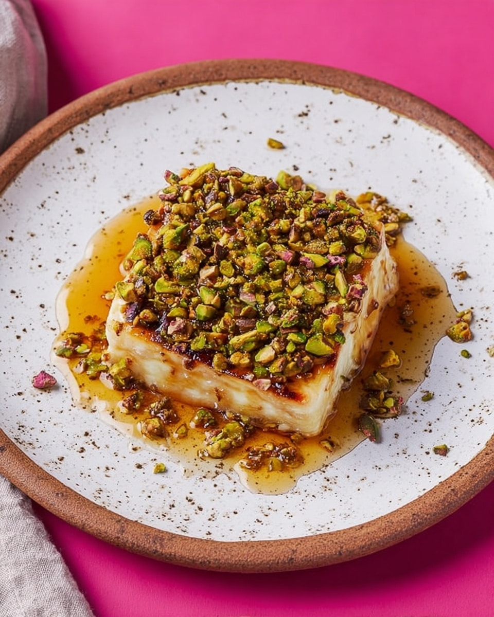 A single square piece of golden-brown grilled cheese sits in the center of a white speckled plate with brown edges, topped with a thick layer of chopped green and brown pistachios that cover the top evenly. The cheese is glossy with a light brown sear on the edges, and a shiny honey or syrup glaze pools around the base, spreading slightly over the plate. The plate rests on a bright pink surface, adding contrast to the warm, earthy tones of the dish. Photo taken with an iphone --ar 4:5 --v 7
