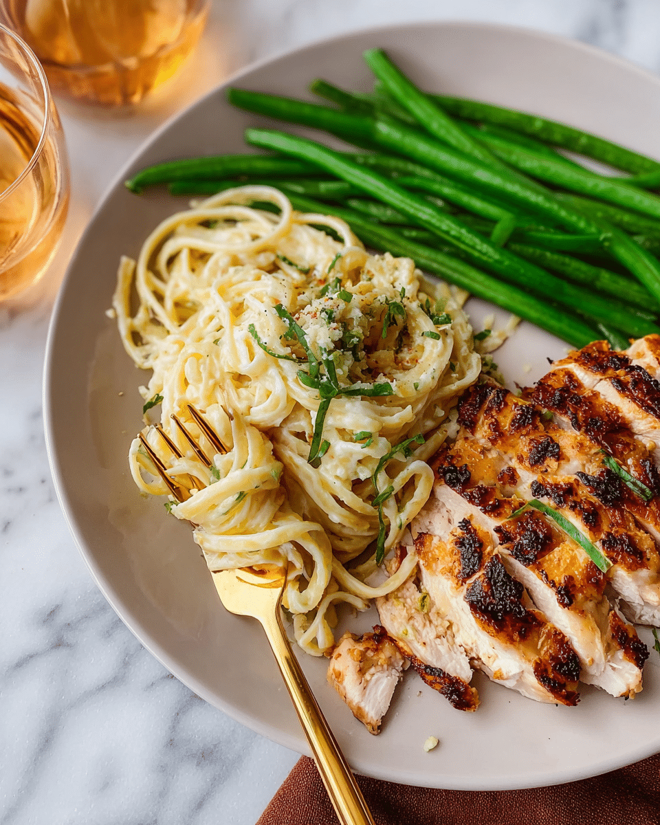 A white plate holds three main layers: at the back, a neat pile of bright green, crisp green beans arranged horizontally; in the middle, a light cream-colored mound of creamy noodles with a smooth texture, topped with small bits of green herbs; in the front, slices of grilled chicken with a golden-brown color and slightly charred edges, revealing tender meat inside. A gold fork twirls some noodles on the left side of the plate, resting on the noodles. The plate sits on a white marbled surface, with a glass of light amber drink nearby. photo taken with an iphone --ar 4:5 --v 7