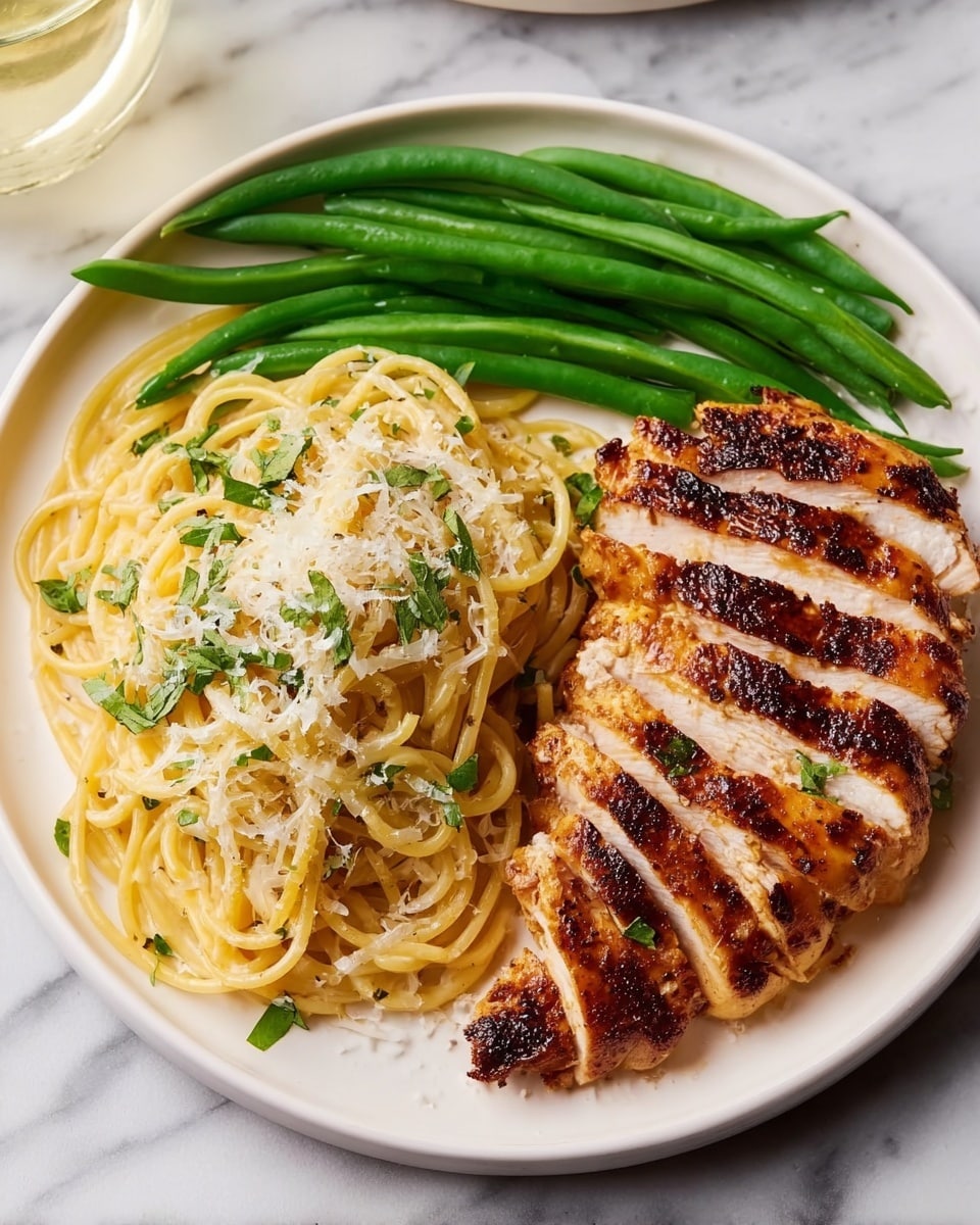 A white plate holds a dish with three layers: on the left, a pile of creamy spaghetti coated in a light yellow sauce sprinkled with grated cheese and small green herb pieces; on the right, slices of grilled chicken breast with a golden-brown, slightly charred crust showing the juicy white meat inside; at the top, a neat row of glossy green beans arranged parallel to the chicken. The background shows a white marbled texture beneath the plate. photo taken with an iphone --ar 4:5 --v 7