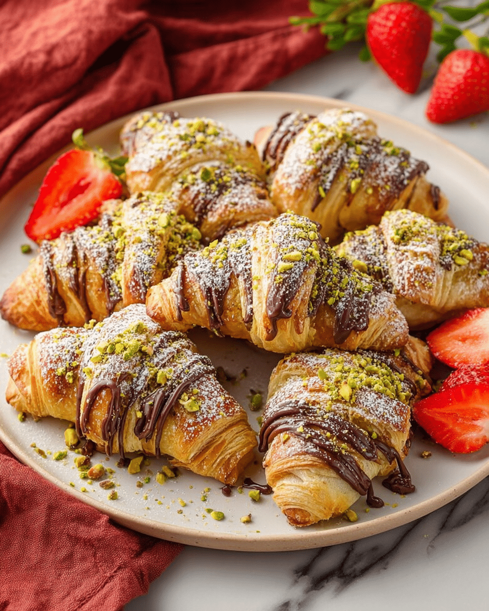 A round white plate filled with seven golden brown croissants, each drizzled with rich, dark brown chocolate and sprinkled with chopped green pistachios and white powdered sugar. The croissants show flaky layers with a light crisp texture, some slightly overlapping on the plate. Scattered around the pastries are bright red, halved fresh strawberries with green leaves. In the background, there is a soft red cloth and the setting is on a white marbled surface. photo taken with an iphone --ar 4:5 --v 7