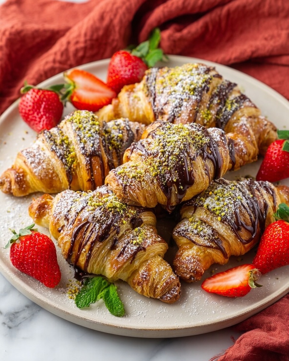 A white round plate filled with several golden brown croissants arranged in a slightly overlapping pile. Each croissant is drizzled with dark chocolate sauce and sprinkled with crushed green pistachios and white powdered sugar, giving a textured look on top. Fresh red strawberries, some whole and some halved with green leaves attached, are placed around the croissants, adding bright color contrast. The plate sits on a white marbled surface with a soft red cloth casually placed in the background. photo taken with an iphone --ar 4:5 --v 7