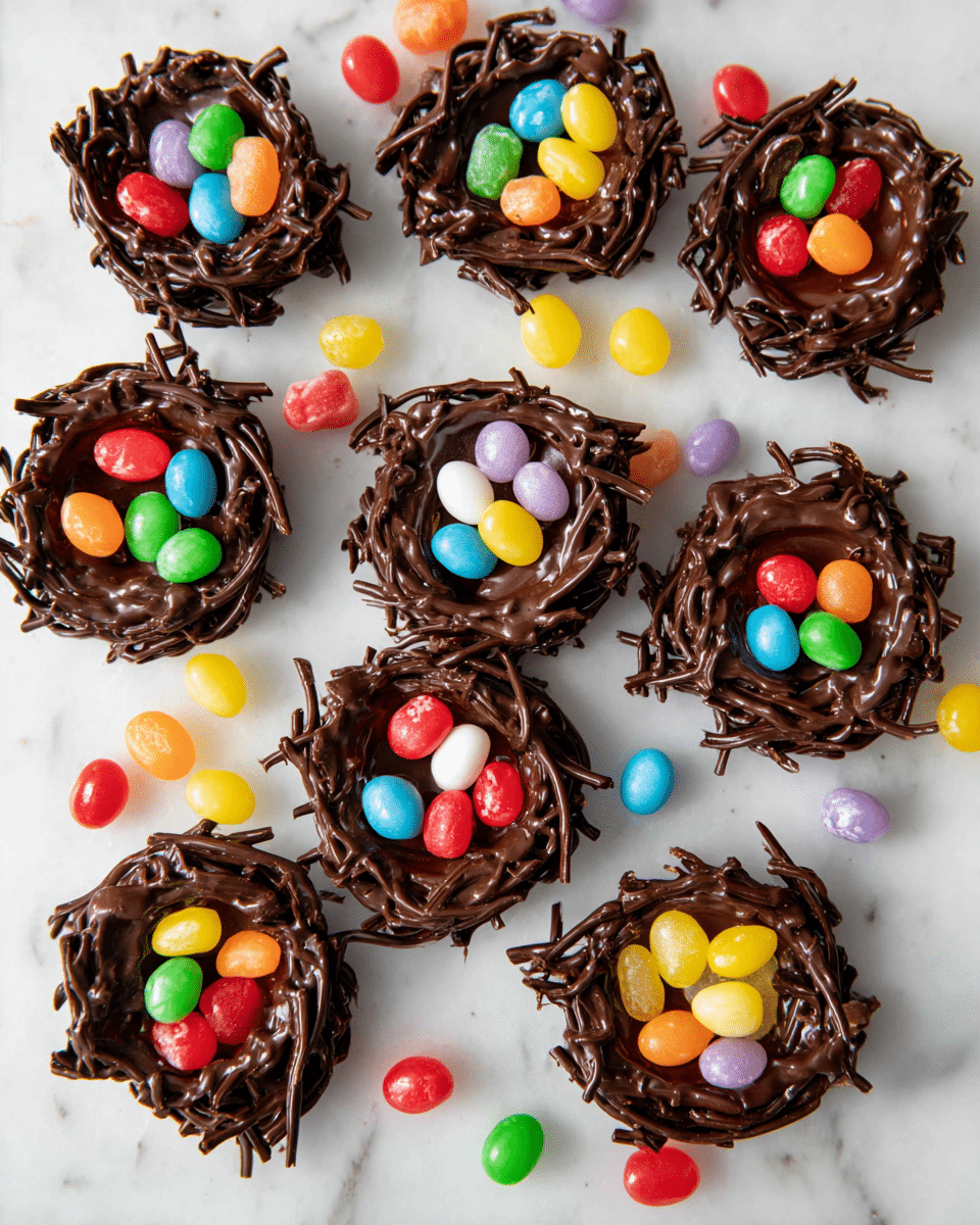 Thirteen chocolate nests are placed on a white marbled surface, each made from dark, glossy chocolate formed into rough, twig-like shapes creating a nest structure. Each nest is topped with different colorful jelly beans and gummy candies in groups, varying in bright colors like red, yellow, green, orange, blue, pink, and white. Around the nests, a few loose jelly beans and gummies are scattered on the surface, adding a playful touch to the arrangement. The overall look is vibrant and festive, emphasizing the contrast between the dark chocolate and the candy colors. photo taken with an iphone --ar 4:5 --v 7