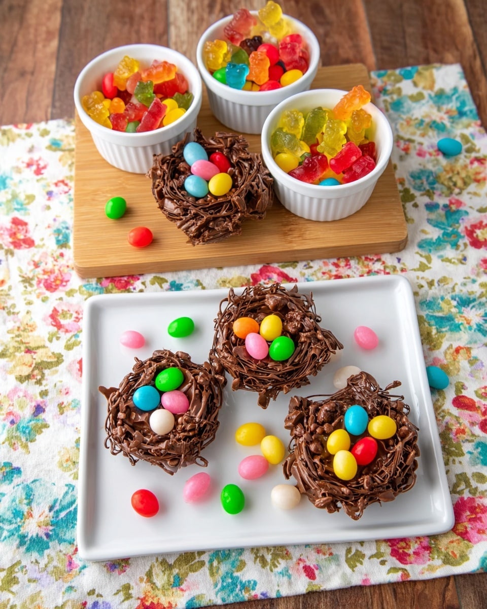 The image shows two layers of nests made from melted chocolate with a rough texture, placed on a white rectangular plate at the bottom and a wooden board at the top. Each chocolate nest is topped with a small group of colorful jelly beans or gummy candies in bright shades of red, yellow, green, pink, blue, orange, and white, scattered loosely around the nests as well. Behind the nests on the wooden board are three small white round bowls filled with assorted jelly beans and gummy bears in various vivid colors. The whole arrangement is set on a white marbled textured surface with a floral patterned cloth underneath and wooden floor visible on the side. photo taken with an iphone --ar 4:5 --v 7
