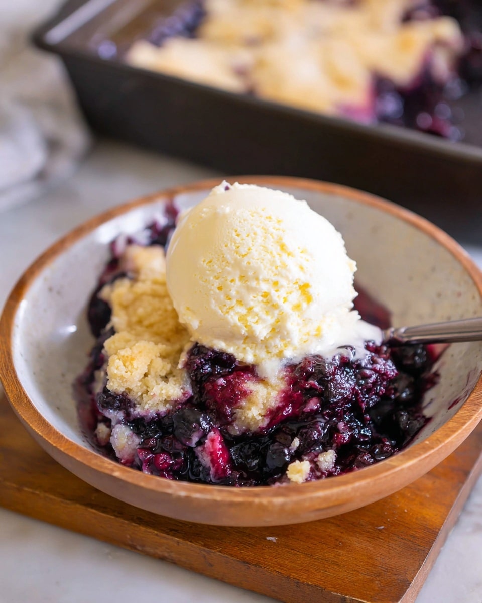 A serving of warm blueberry cobbler placed inside a round white bowl with a wooden outer look; the dessert has a bottom layer of soft, cooked blueberries in deep purple and dark blue shades, topped with a light, golden-brown cobbler crust that looks slightly crumbly; a generous scoop of creamy, pale yellow vanilla ice cream sits on top, slightly melting into the cobbler underneath, creating a mix of smooth and textured surfaces. The bowl rests on a wooden board against a white marbled textured background, with a dark rectangular baking pan of more blueberry cobbler blurred in the back. Photo taken with an iphone --ar 4:5 --v 7