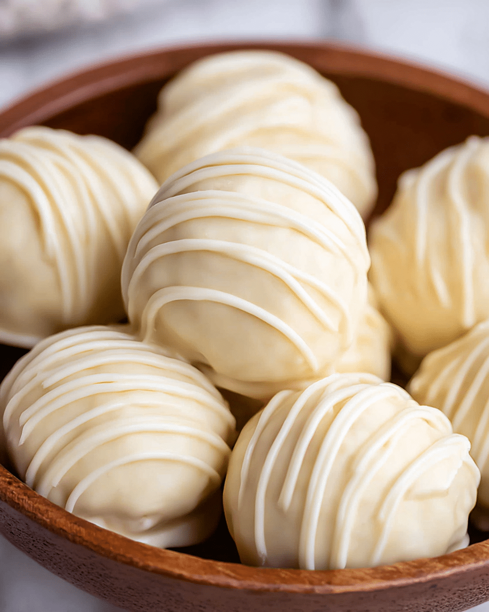 The image shows a close-up view of several round treats with a smooth, creamy white coating, each topped with thin, white swirled lines that add texture and a decorative look. The treats are arranged closely together inside a brown bowl, which contrasts with the light color of the sweets. The focus is on the front treats, showing their glossy and slightly uneven surface, while the background treats are softly blurred. The overall color palette is soft with pale whites and light browns, set against a white marbled texture surface. Photo taken with an iphone --ar 4:5 --v 7
