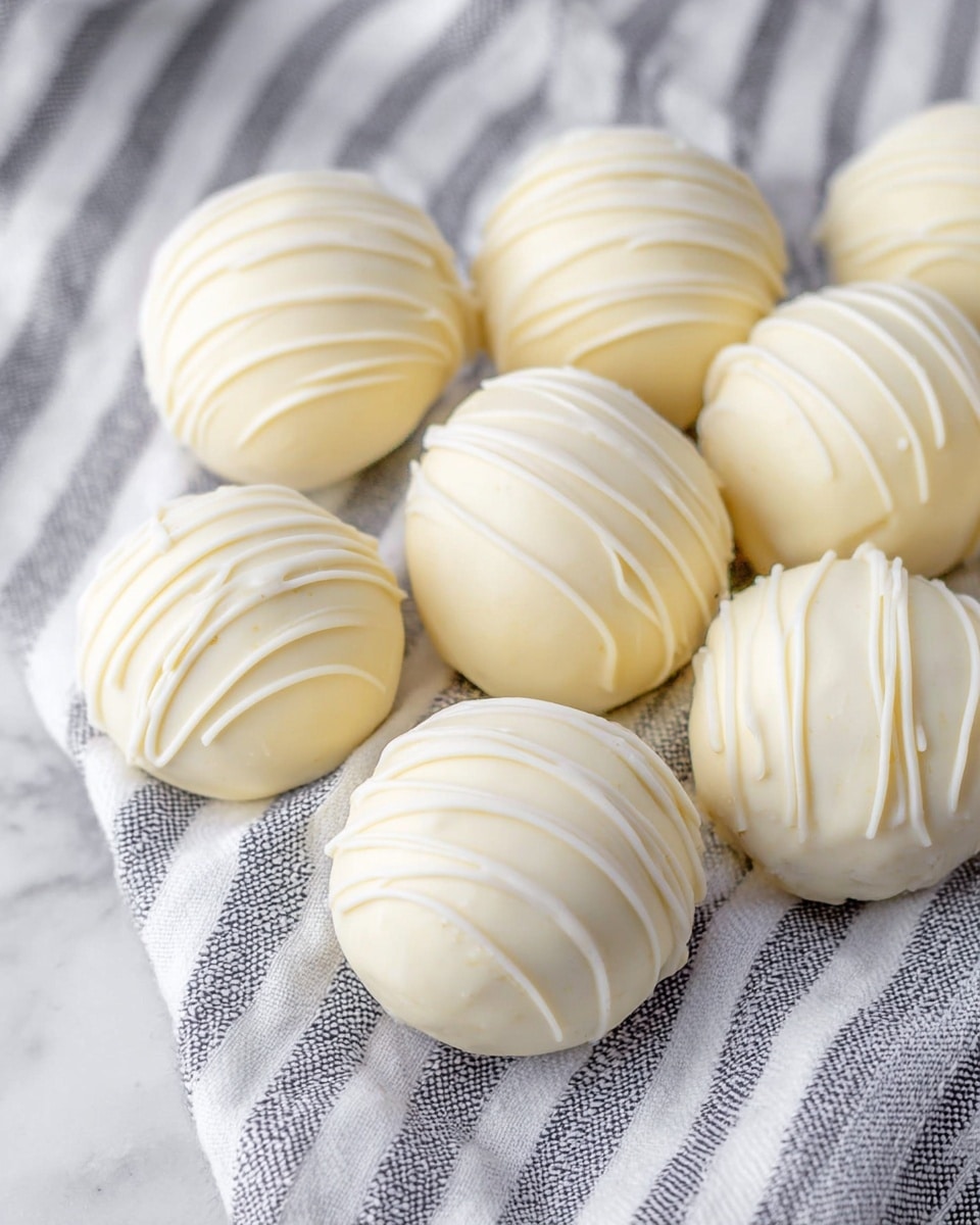 The image shows a group of round, smooth balls covered in a shiny white coating, each decorated with thin, wavy lines of white drizzle on top. There are about ten of these balls, all placed closely together on a striped cloth with gray and white lines, set on a white marbled texture surface. The balls look soft and uniform in shape, with the drizzle adding a textured detail that contrasts slightly with the smooth coating underneath. photo taken with an iphone --ar 4:5 --v 7