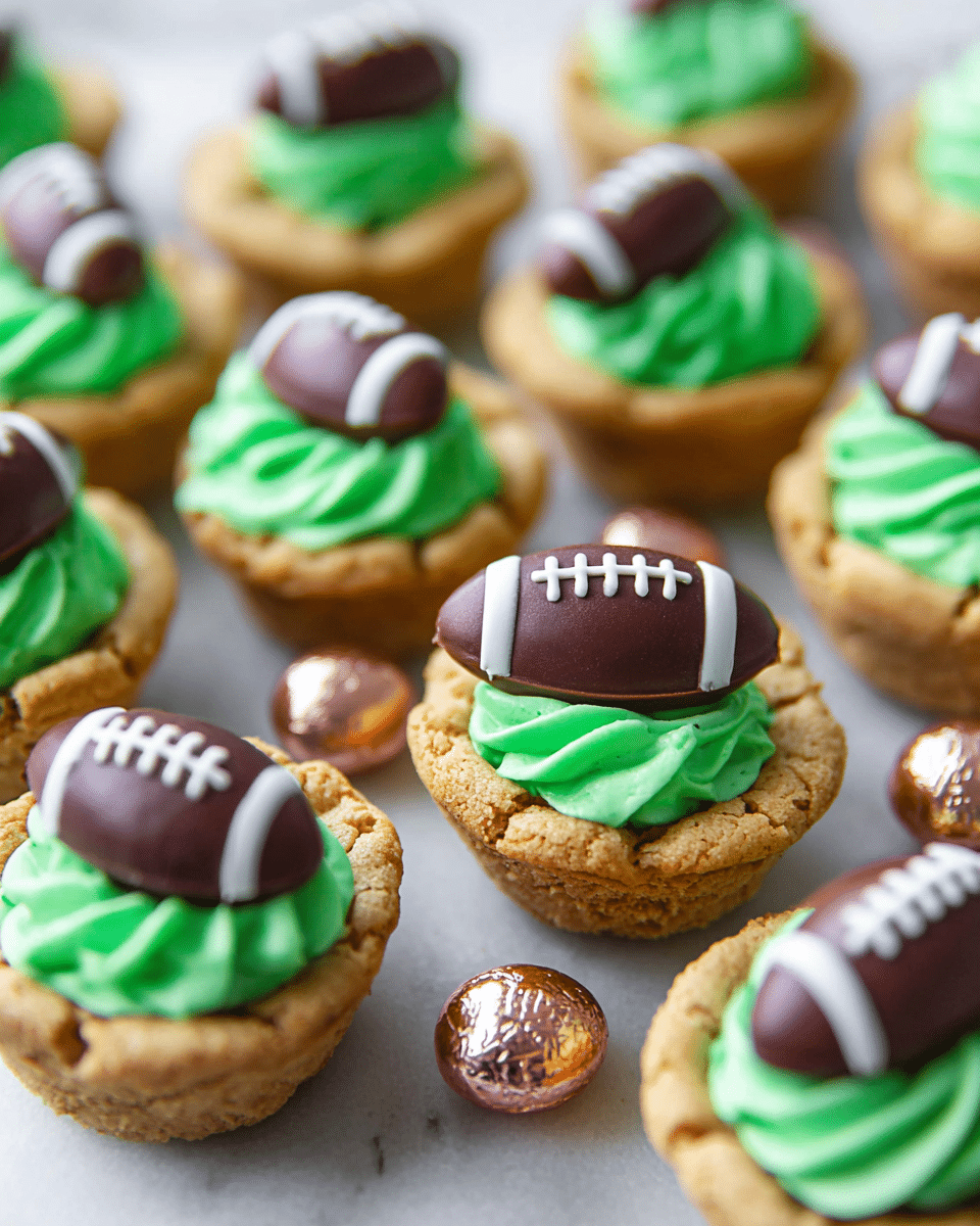A group of mini cookie cups arranged closely on a white marbled surface, each cup consisting of a light brown, crumbly cookie base. On top of the cookie base is a swirl of bright green frosting with a smooth, soft texture. Sitting on the frosting is a small, oval-shaped chocolate piece designed to look like a football, dark brown with white icing details that mimic football laces. Around the cookie cups are scattered shiny, metallic copper-colored small football-shaped chocolates. The overall look is festive and fun with a mix of rough cookie texture, smooth frosting, and glossy chocolates. photo taken with an iphone --ar 4:5 --v 7