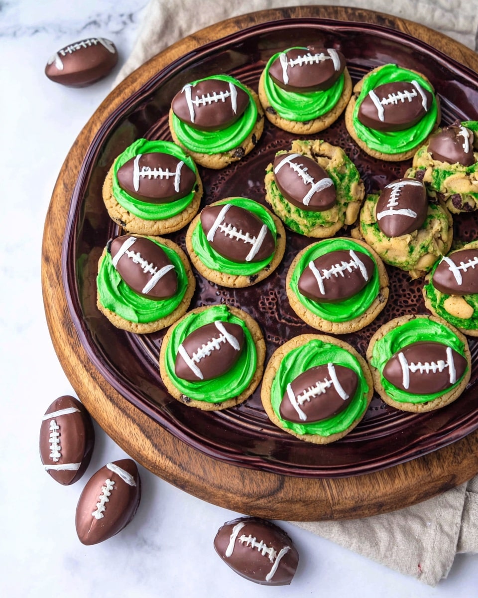 A dark brown plate shaped like a football holds 14 chocolate chip cookies, each topped with a swirl of bright green frosting and a small chocolate shaped like a football with white laces drawn on top. Around the cookies, there are several shiny chocolate footballs in matching dark brown with white laces scattered on the plate and on the edge of a wooden round board underneath the plate. The plate and board rest on a surface with a white marbled texture. photo taken with an iphone --ar 4:5 --v 7
