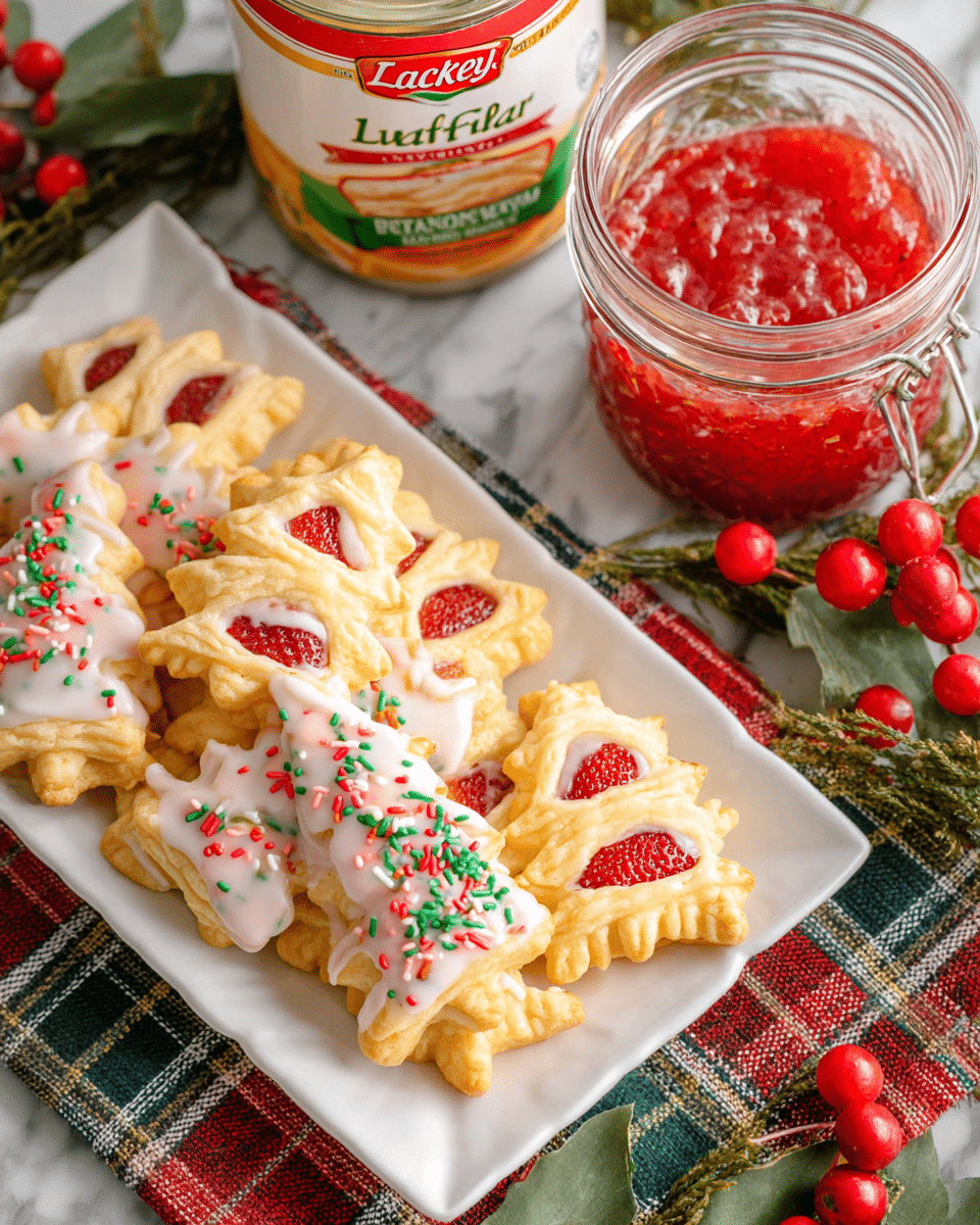 A white rectangular plate holds several small, golden-brown, tree-shaped pastries with red strawberry filling visible through small cutouts. Some pastries are topped with white glaze and decorated with red and green sprinkles, creating a festive look. The plate is placed on top of a plaid cloth, and nearby is a can of Lucky Leaf strawberry fruit filling or topping with a red lid. To the side, there is a glass container filled with vibrant red strawberry filling. Bright red berries and green leaves are part of the decoration around the food, all set on a white marbled surface. photo taken with an iphone --ar 4:5 --v 7