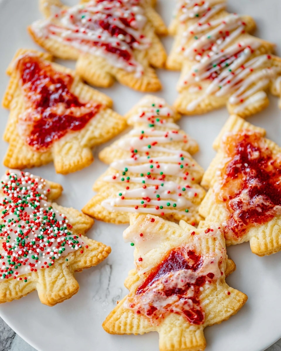 The image shows several Christmas tree-shaped cookies arranged on a white plate placed on a white marbled surface. Each cookie has two layers of golden-baked dough sealed around a bright red filling that peeks out slightly at the edges. Most cookies are topped with a thin layer of white glaze and decorated with red and white small round sprinkles scattered all over, while one cookie has thicker white icing drizzled in lines and is sprinkled with red, green, and white round sprinkles. The cookies’ edges have visible fork press marks creating a textured border. Photo taken with an iphone --ar 4:5 --v 7