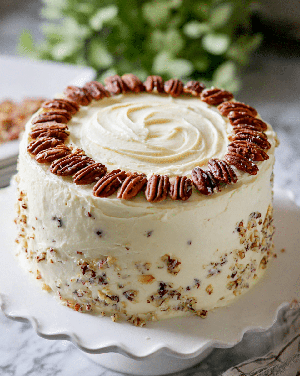 A round, multi-layered cake covered in thick creamy white frosting with small nut pieces mixed into the frosting on the sides. The top has a smooth, swirled pattern of the same frosting with a ring of roughly chopped pecans arranged along the edge. The cake sits on a white, scalloped-edged plate placed on a white marbled surface, with blurred green leaves in the background. photo taken with an iphone --ar 4:5 --v 7