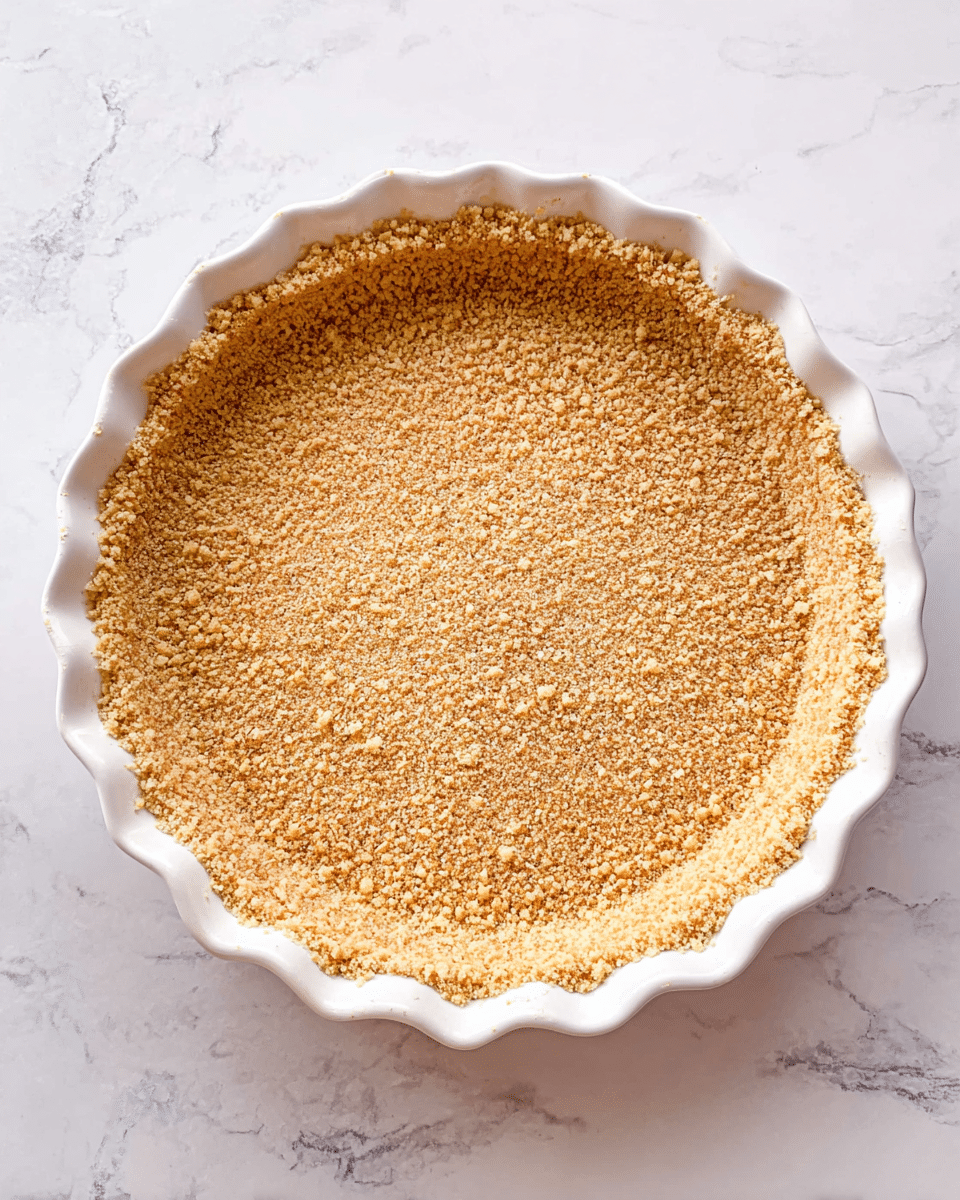 A white pie dish filled with a single layer of finely crushed light brown crumbs evenly pressed along the bottom and up the sides to form a smooth, uniform crust. The crumb texture looks slightly coarse with small granules visible throughout. The dish sits on a white marbled surface, and the crust edges are gently rounded, touching the scalloped rim of the pie dish. photo taken with an iphone --ar 4:5 --v 7