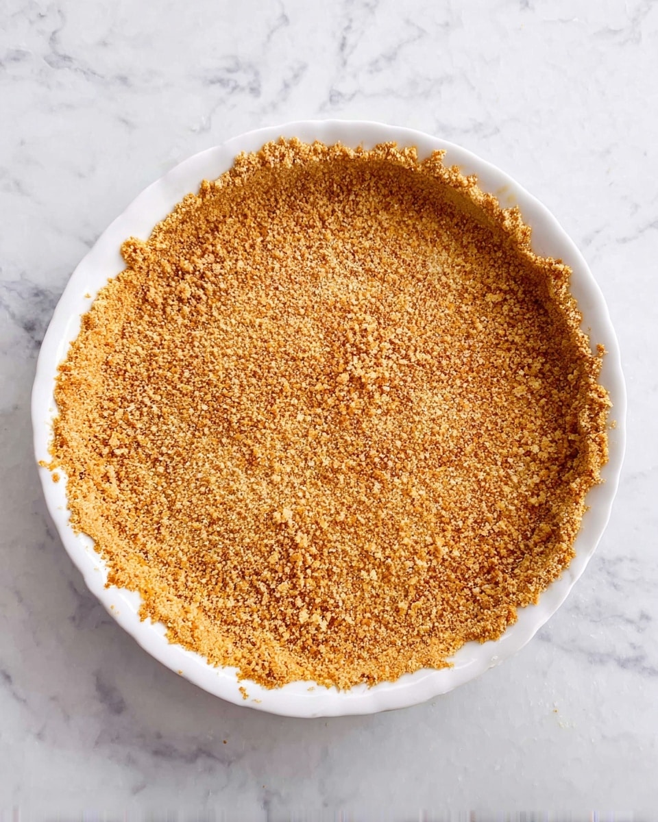 A white dish holds a single layer of finely crushed, golden-brown crumbs pressed flat at the bottom and evenly spread up the inner sides, creating a smooth crust with a slightly rough texture. The crust’s edges are crumbly and slightly uneven, showing the natural grain of the crumbs. The dish sits on a white marbled surface. photo taken with an iphone --ar 4:5 --v 7